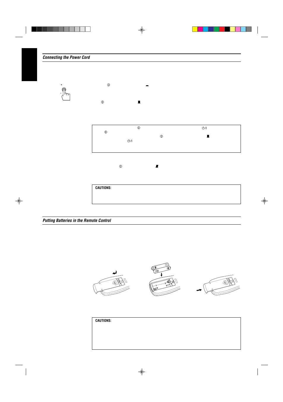 English, Connecting the power cord, Putting batteries in the remote control | JVC LET0021-001A User Manual | Page 14 / 42