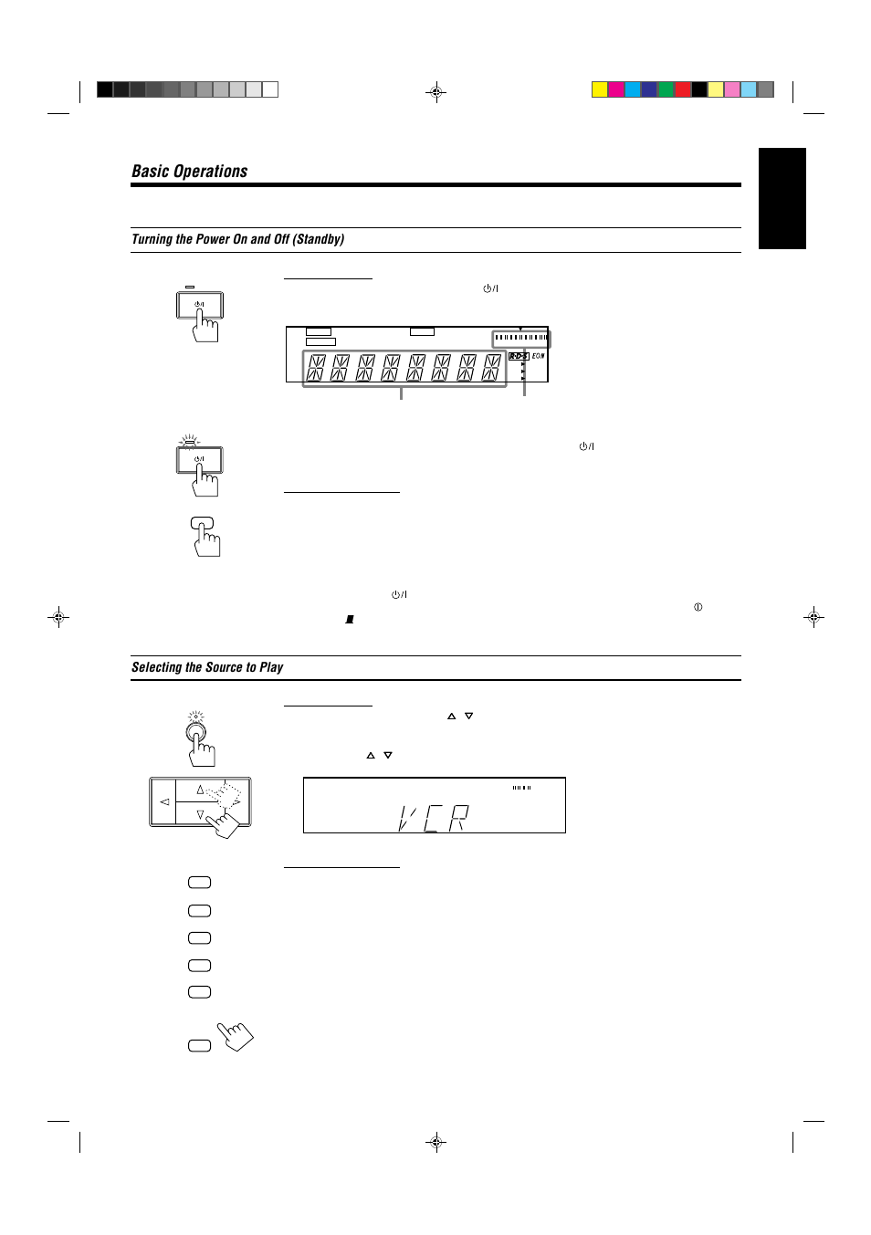 Basic operations, English, Turning the power on and off (standby) | Selecting the source to play | JVC LET0021-001A User Manual | Page 15 / 42