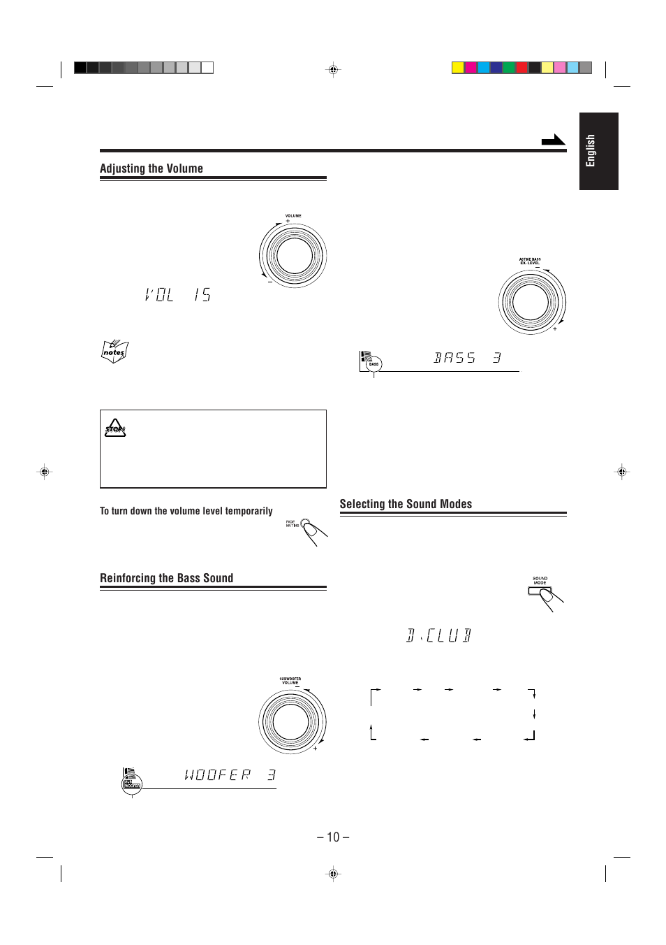 Selecting the sound modes, Adjusting the volume, Reinforcing the bass sound | JVC Compact Component System CA-MXJ500 User Manual | Page 15 / 34