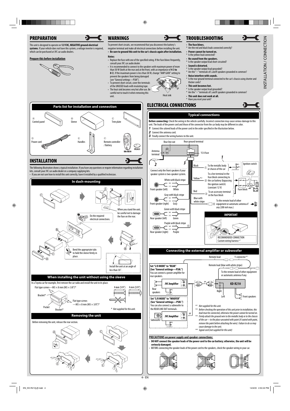 Preparation, Warnings, Troubleshooting | Electrical connections, Installation, Installation / connection | JVC GET0621-001A User Manual | Page 4 / 8