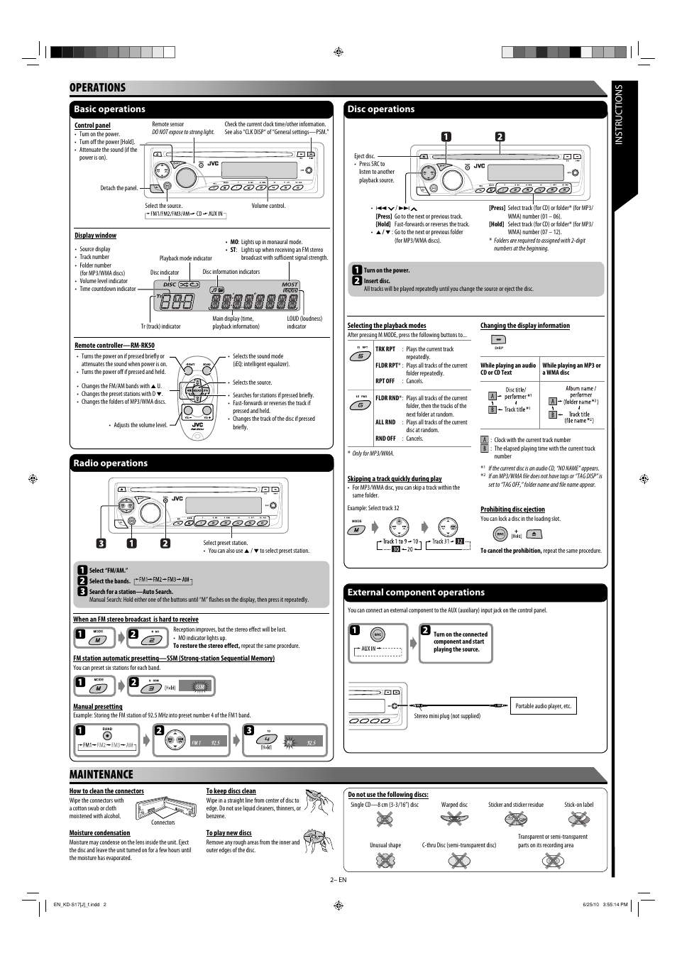 Operations, Maintenance, Instructions | Radio operations, External component operations, Disc operations, Basic operations | JVC GET0621-001A User Manual | Page 6 / 8