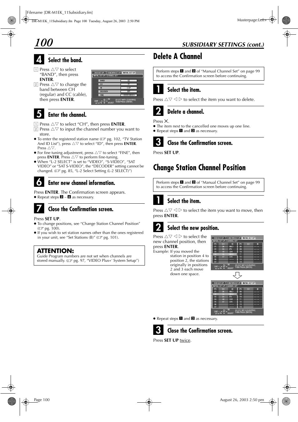 Delete a channel, Change station channel position, Pg. 100, “delete a channel”) | JVC LPT0827-001B User Manual | Page 100 / 116