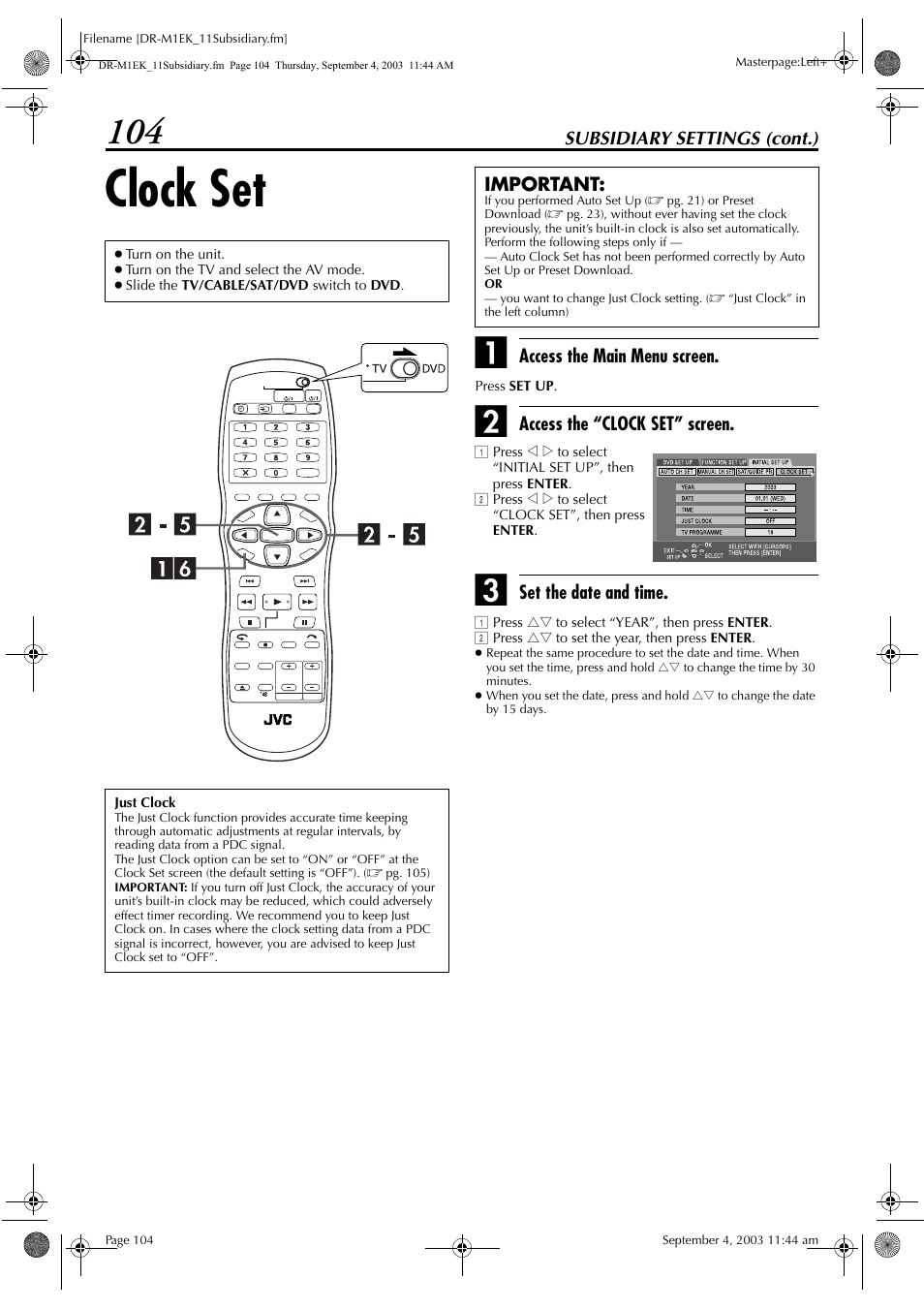 Clock set, Pg. 104), Tuned to a different station | Just clo, Pg. 104) does not w, Pg. 104) does | JVC LPT0827-001B User Manual | Page 104 / 116