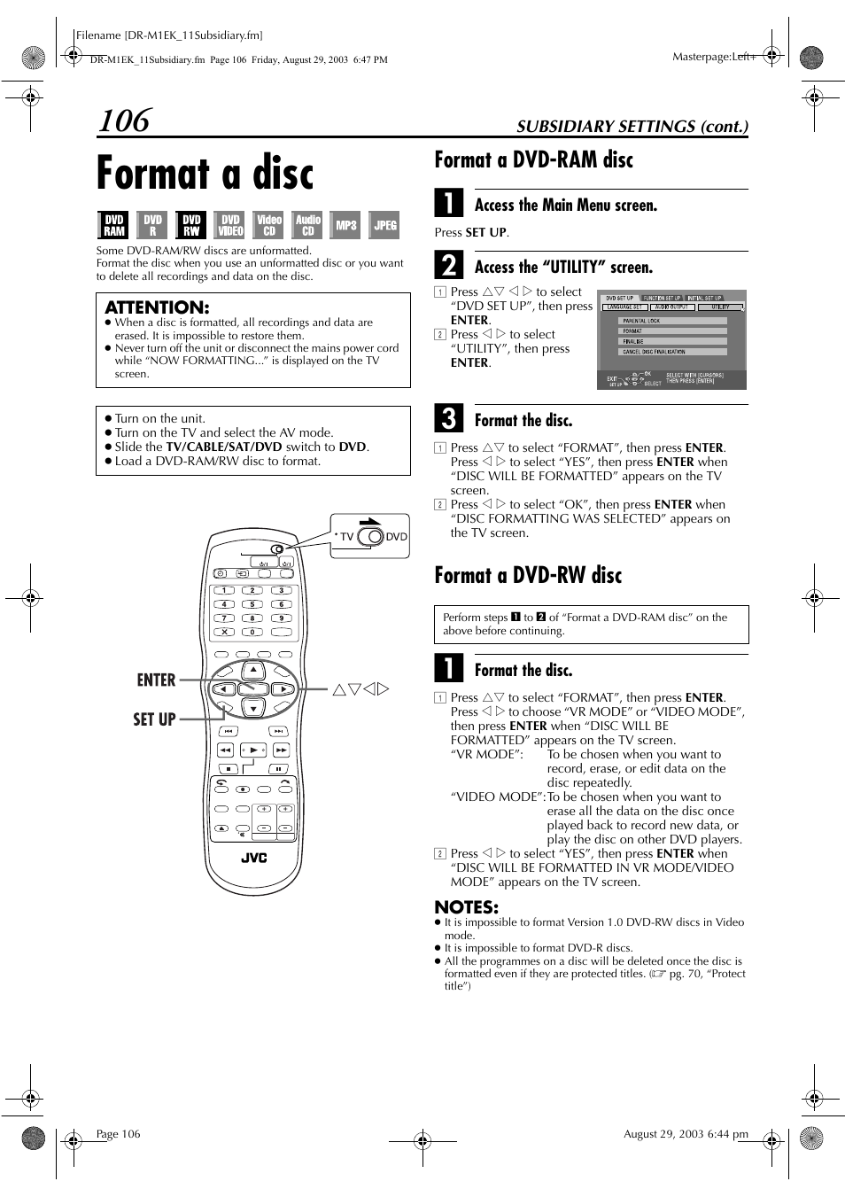 Format a disc, Format a dvd-ram disc, Format a dvd-rw disc | Recording or pla, Disc mark, Deo mode, Pg. 106, “format a, Dvd-rw disc”), Mming, Pg. 106, “format a disc”) | JVC LPT0827-001B User Manual | Page 106 / 116