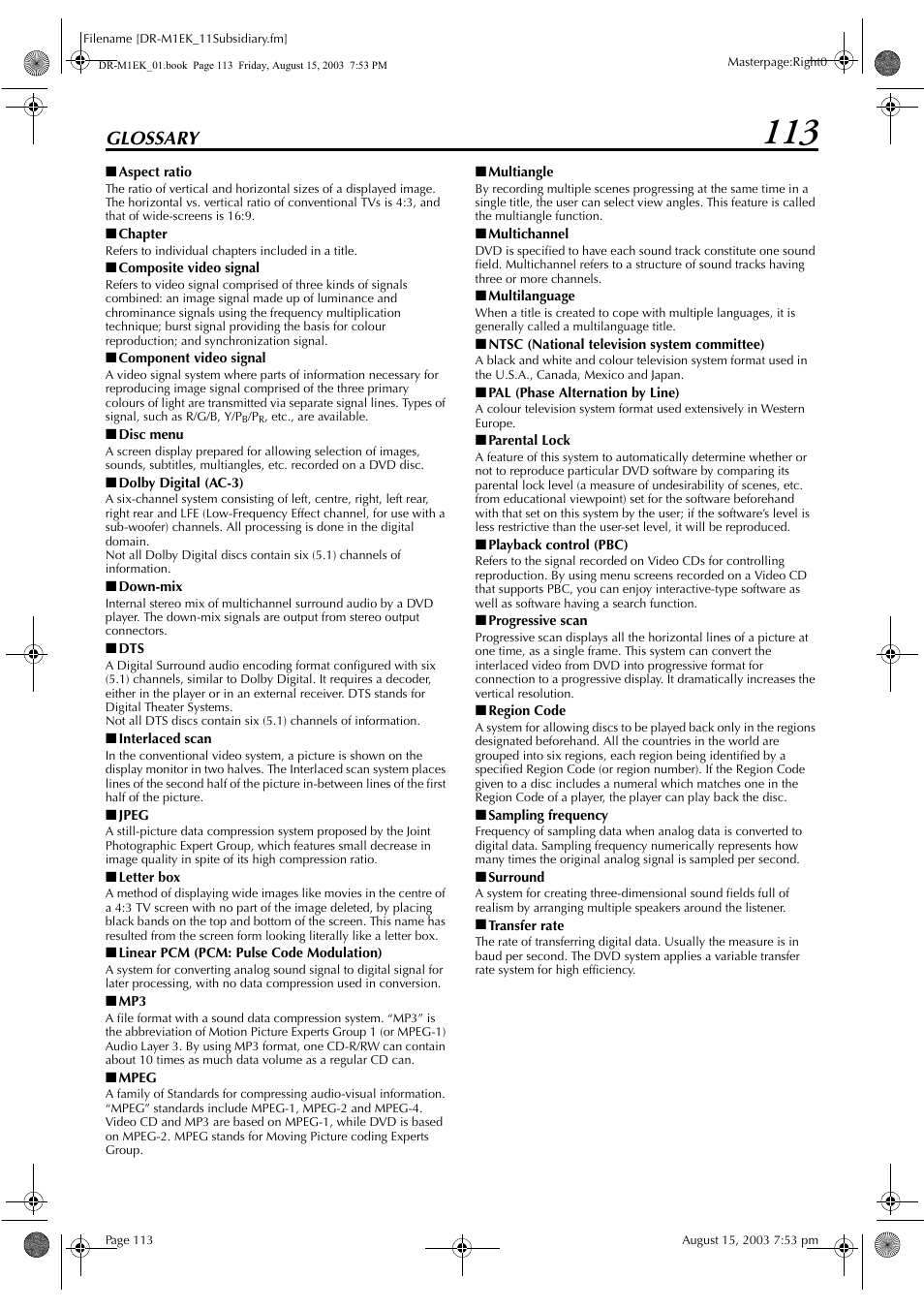 Glossary, Glossary 113, Pg. 113) | JVC LPT0827-001B User Manual | Page 113 / 116