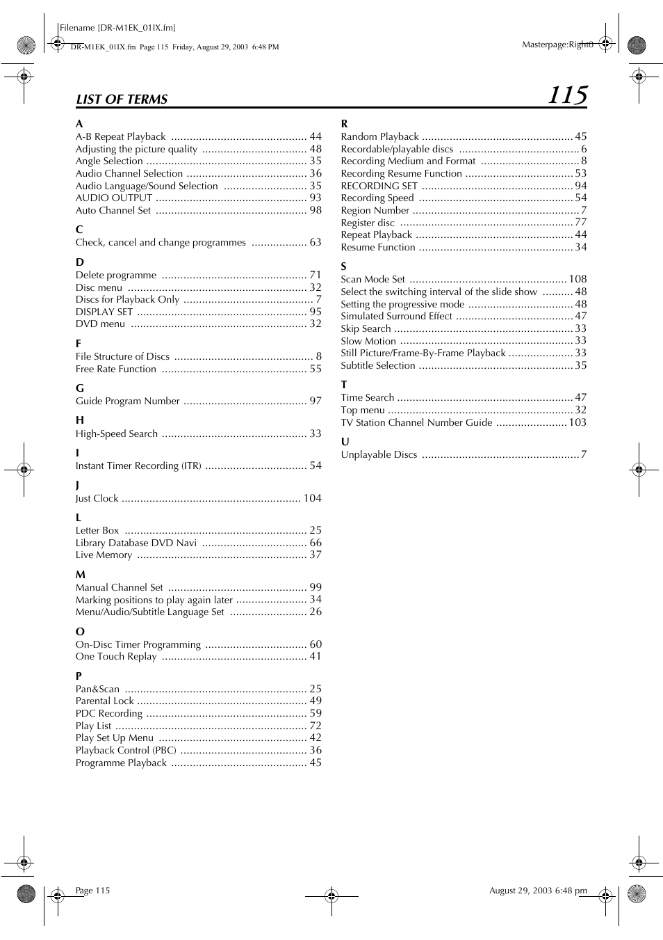 List of terms | JVC LPT0827-001B User Manual | Page 115 / 116