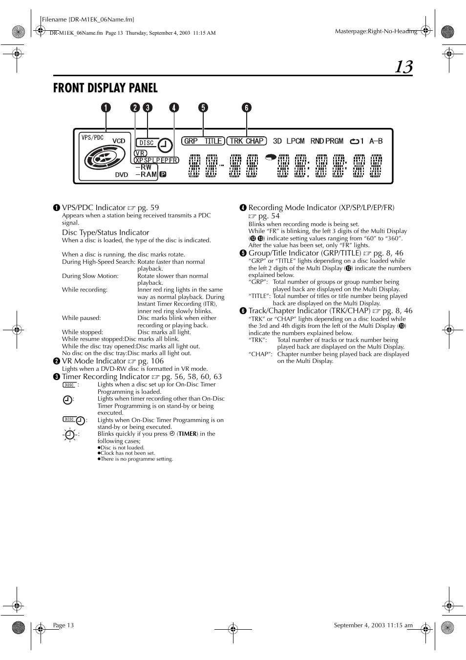 Front display panel, Pg. 13 | JVC LPT0827-001B User Manual | Page 13 / 116