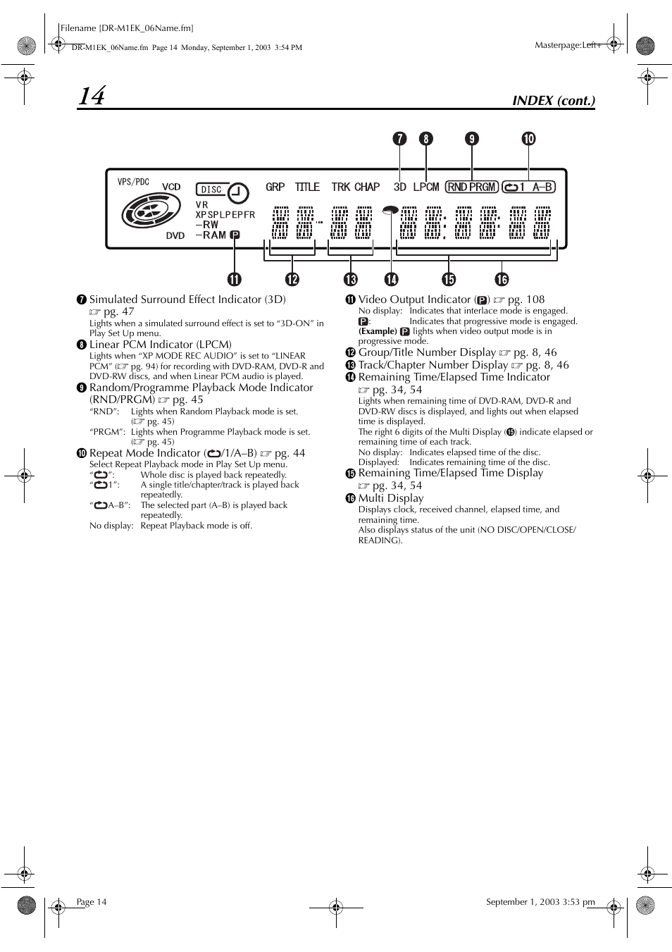 Index (cont.) | JVC LPT0827-001B User Manual | Page 14 / 116