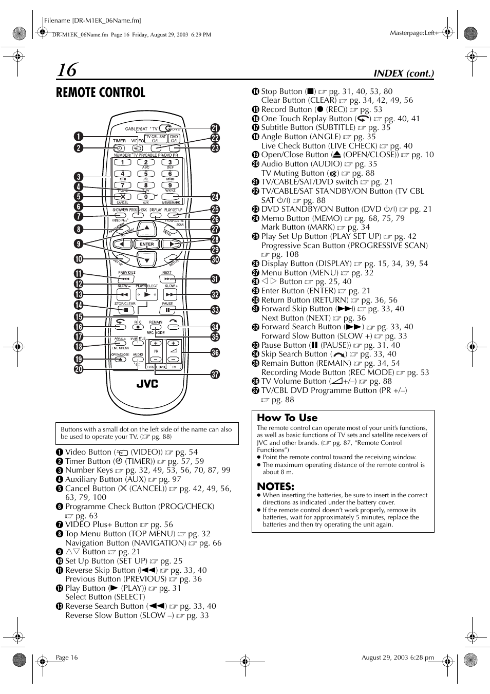 Remote control, Index (cont.), How to use | JVC LPT0827-001B User Manual | Page 16 / 116