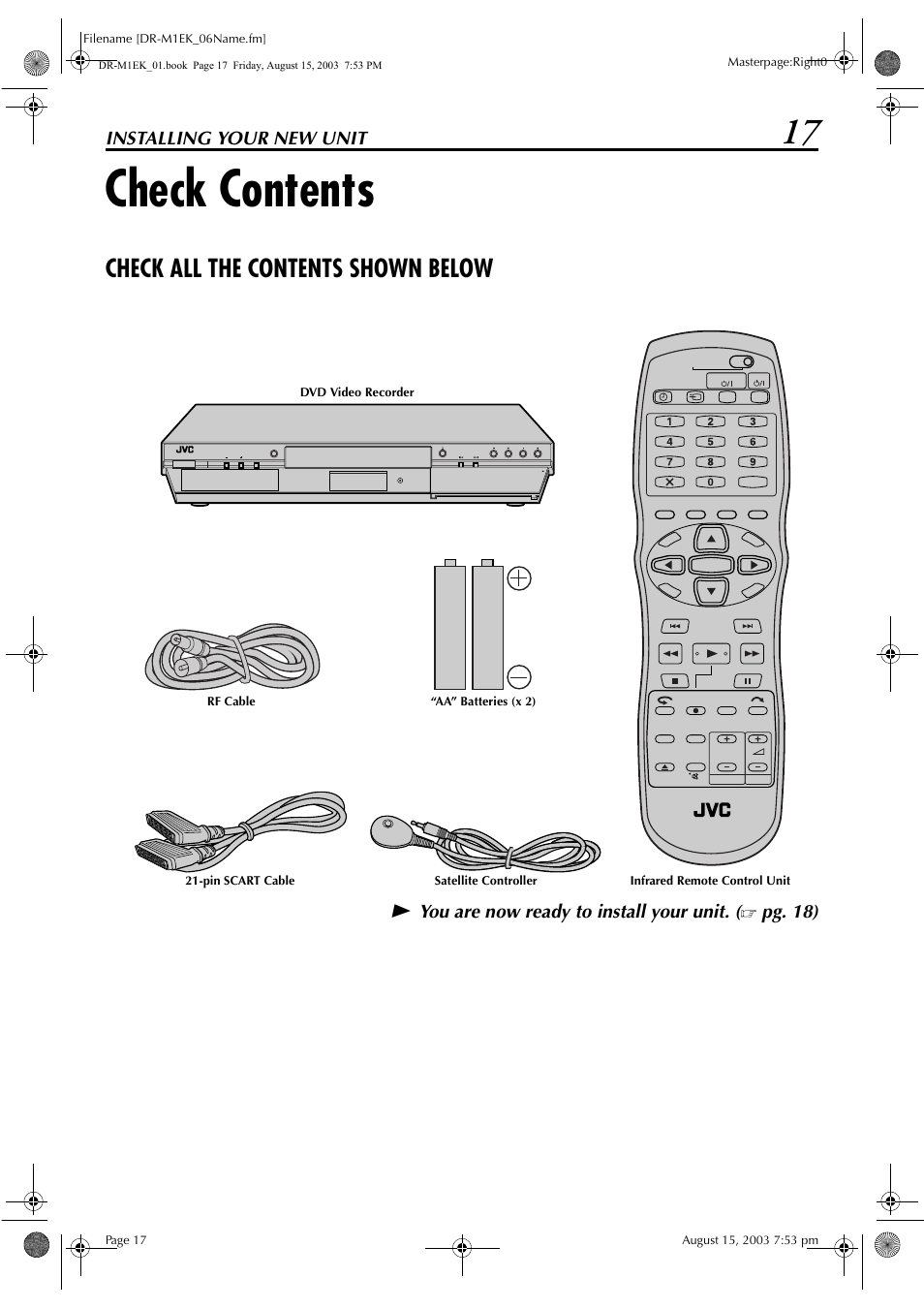 Installing your new unit, Check contents, Check all the contents shown below | JVC LPT0827-001B User Manual | Page 17 / 116