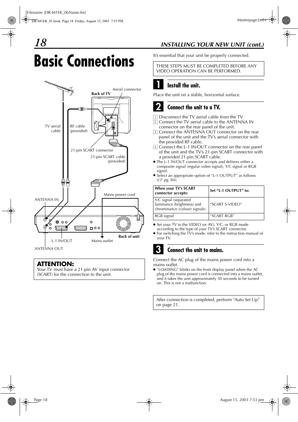 Basic connections, Pg. 18, Wer cord | Pg. 18, 83, Installing your new unit (cont.), Install the unit, Connect the unit to a tv, Connect the unit to mains, Attention | JVC LPT0827-001B User Manual | Page 18 / 116