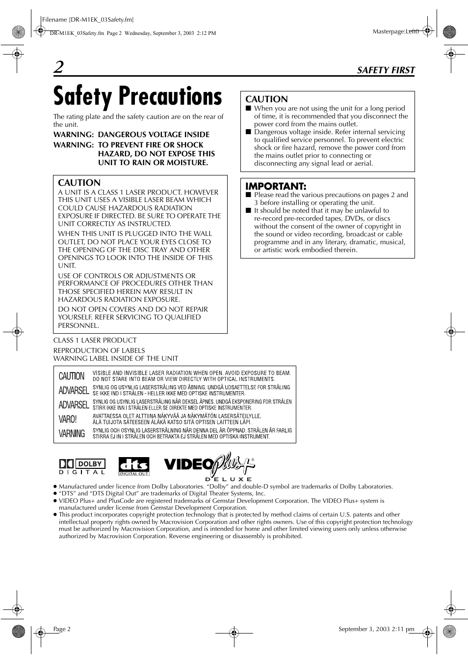 Safety first, Safety precautions | JVC LPT0827-001B User Manual | Page 2 / 116