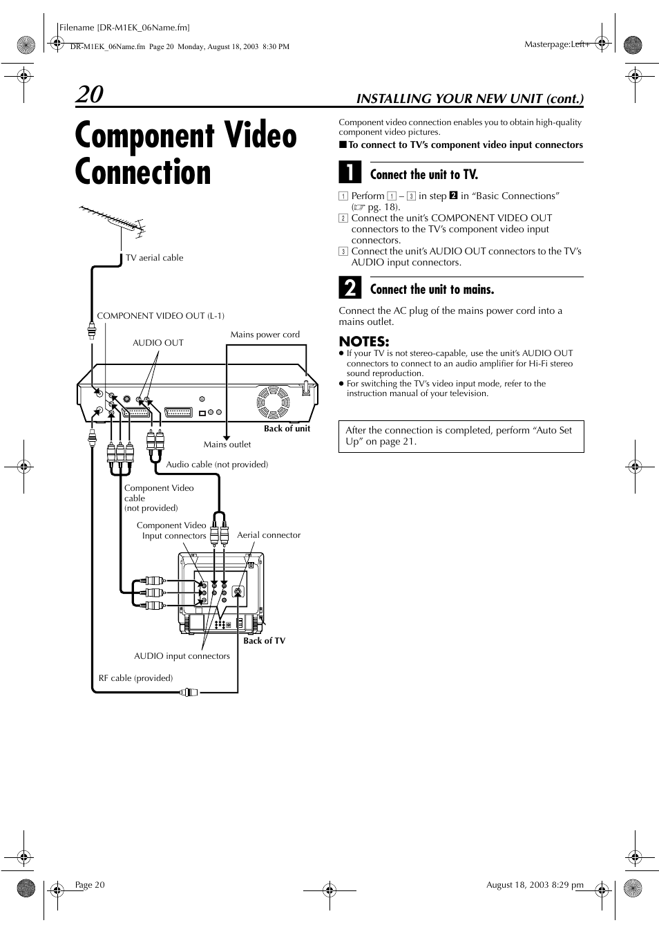 Component video connection, Pg. 20 | JVC LPT0827-001B User Manual | Page 20 / 116