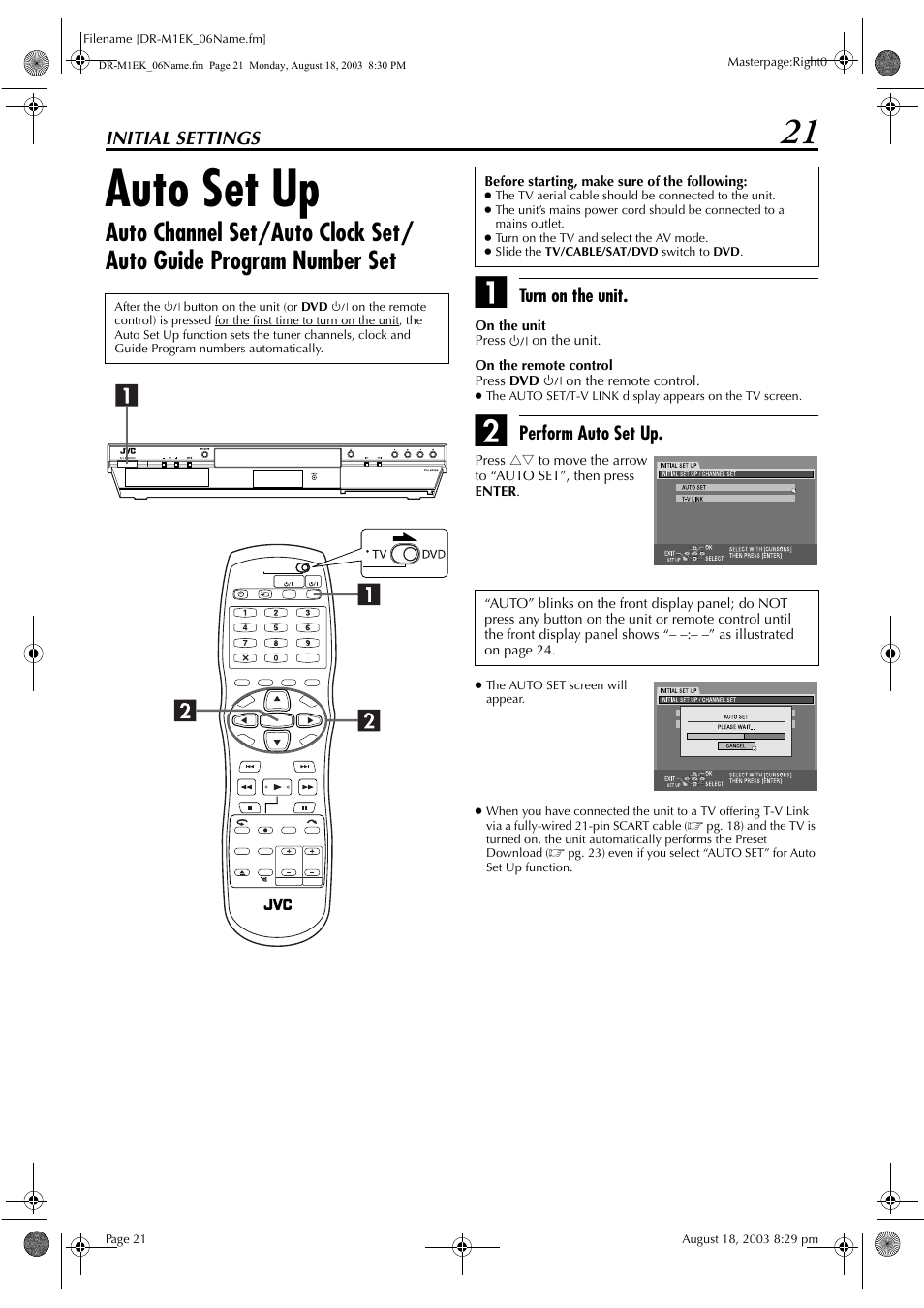 Initial settings, Auto set up, Pg. 21 | JVC LPT0827-001B User Manual | Page 21 / 116