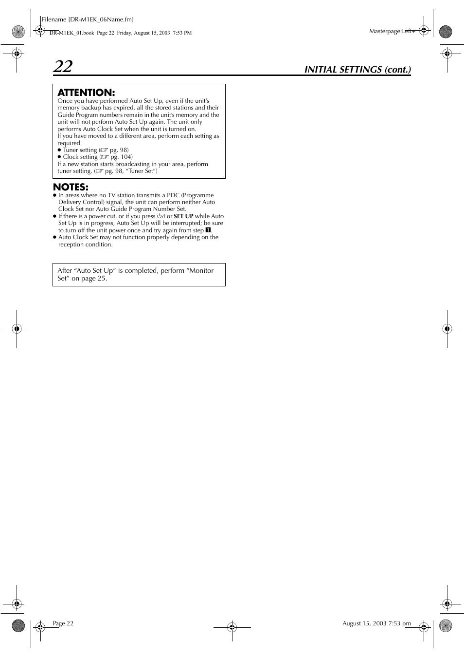 Initial settings (cont.), Attention | JVC LPT0827-001B User Manual | Page 22 / 116