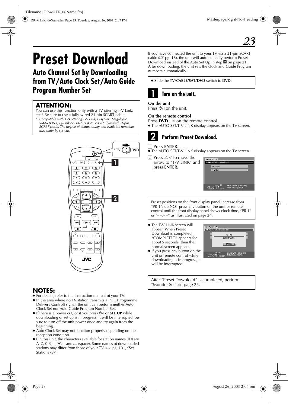 Preset download, Pg. 23), Turn on the unit | Perform preset download, Attention | JVC LPT0827-001B User Manual | Page 23 / 116