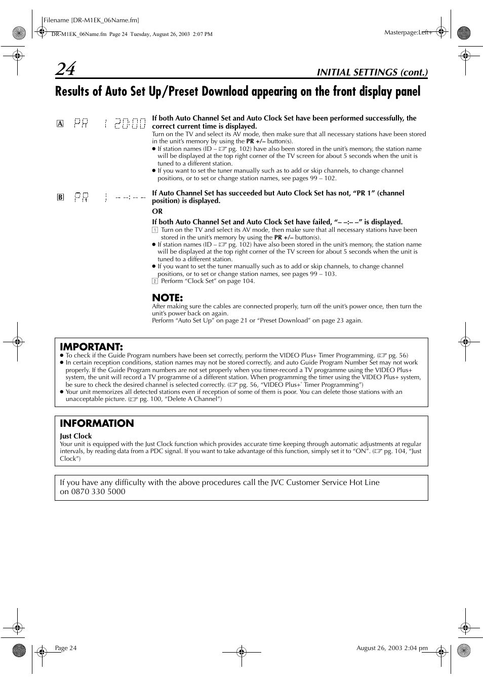 Initial settings (cont.), Important, Information | JVC LPT0827-001B User Manual | Page 24 / 116