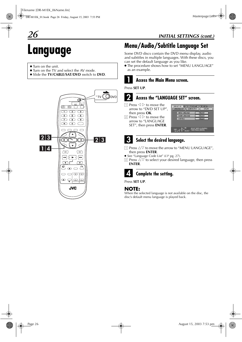 Language, Menu/audio/subtitle language set | JVC LPT0827-001B User Manual | Page 26 / 116