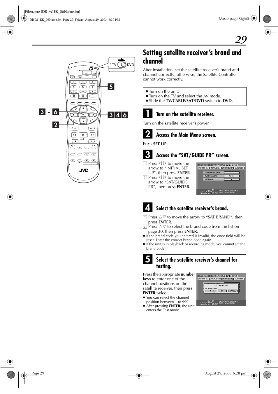 Setting satellite receiver’s brand and channel | JVC LPT0827-001B User Manual | Page 29 / 116