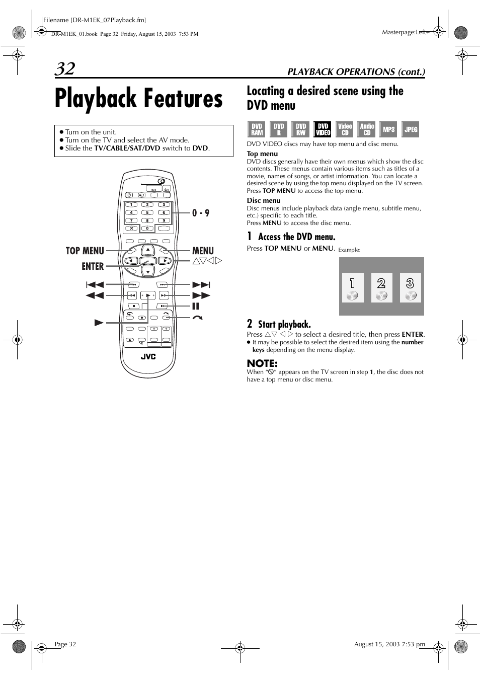 Playback features, Locating a desired scene using the dvd menu, Pg. 32, 4 | Pg. 32, Ired, Scene using the dvd menu, Pg. 32) | JVC LPT0827-001B User Manual | Page 32 / 116