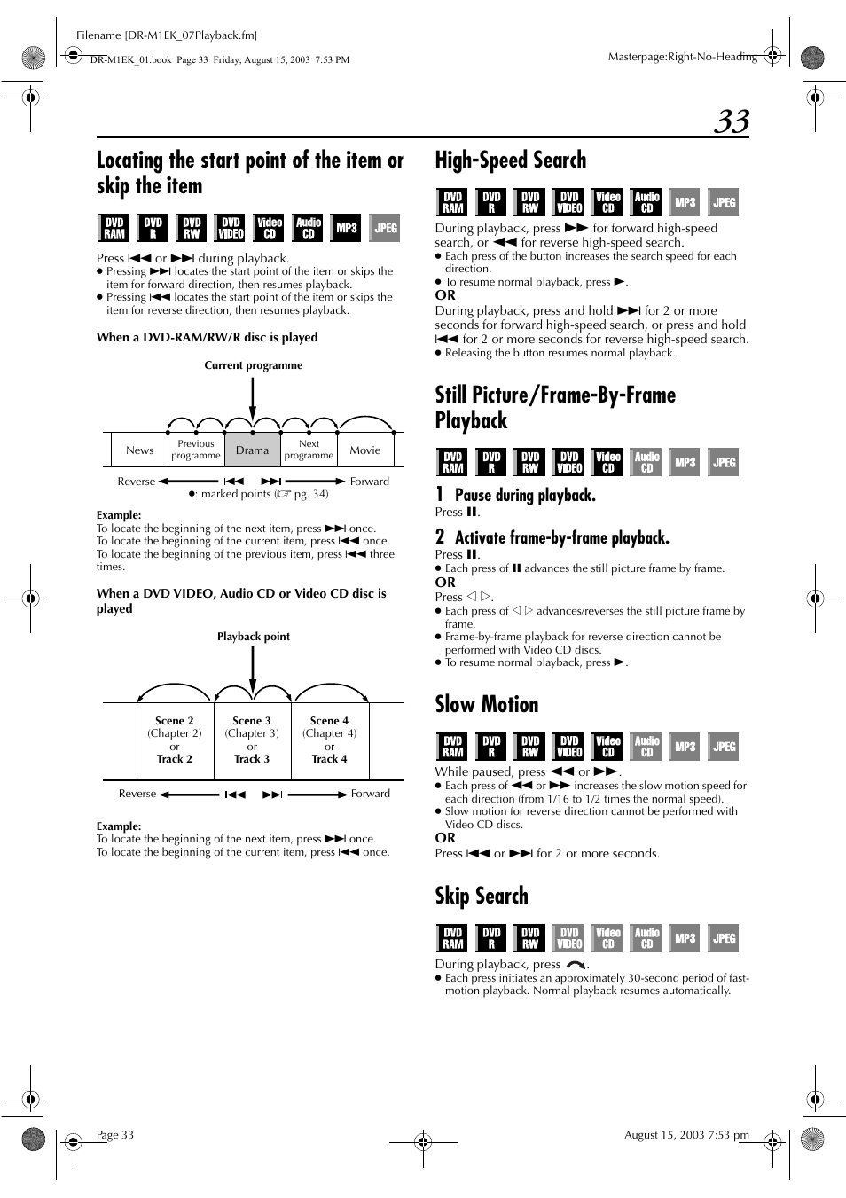 High-speed search, Still picture/frame-by-frame playback, Slow motion | Skip search, Pg. 33, Pg. 33, 40, Pg. 33, 4, Pause during playback, Activate frame-by-frame playback | JVC LPT0827-001B User Manual | Page 33 / 116