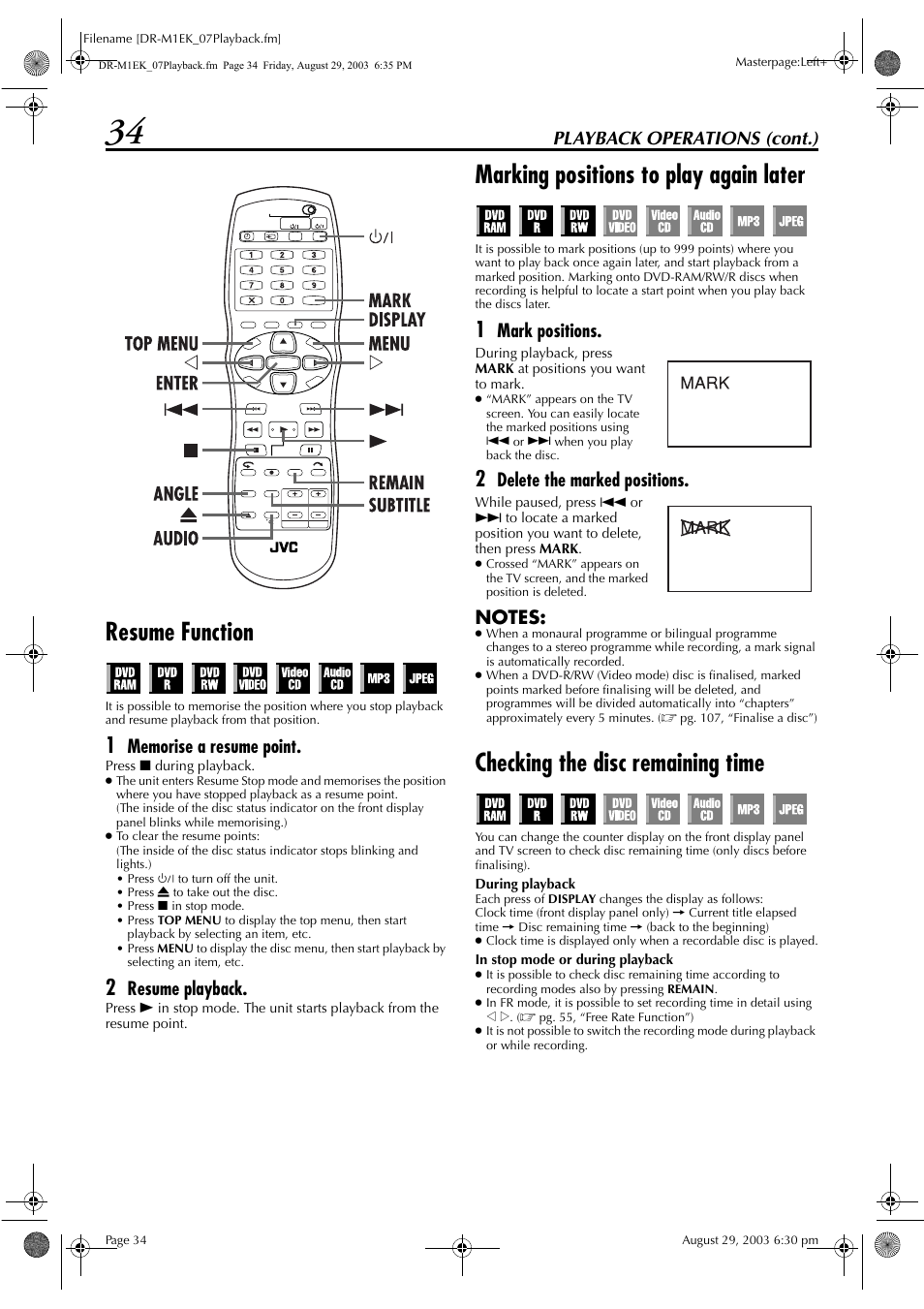 Resume function, Marking positions to play again later, Checking the disc remaining time | Pg. 34, 54, Pg. 34, 4, Pg. 34, Playback operations (cont.), Resume playback, Mark positions | JVC LPT0827-001B User Manual | Page 34 / 116