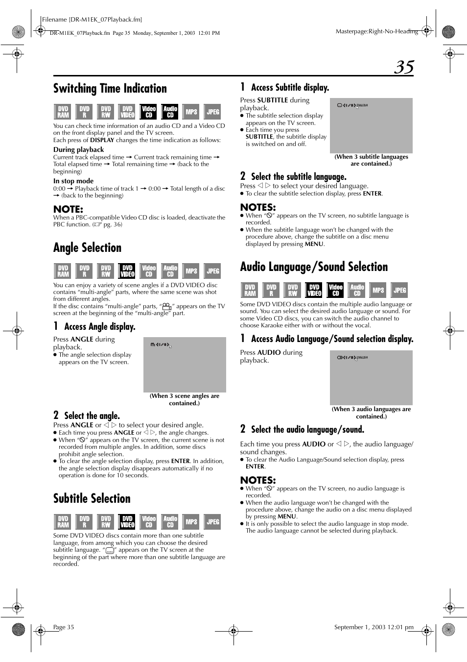 Angle selection, Subtitle selection, Playback control (pbc) function | Pg. 36), Pg. 36, Pg. 35, Pg. 36, 5, Pg. 36) or “locating a des, Switching time indication, Audio language/sound selection | JVC LPT0827-001B User Manual | Page 35 / 116