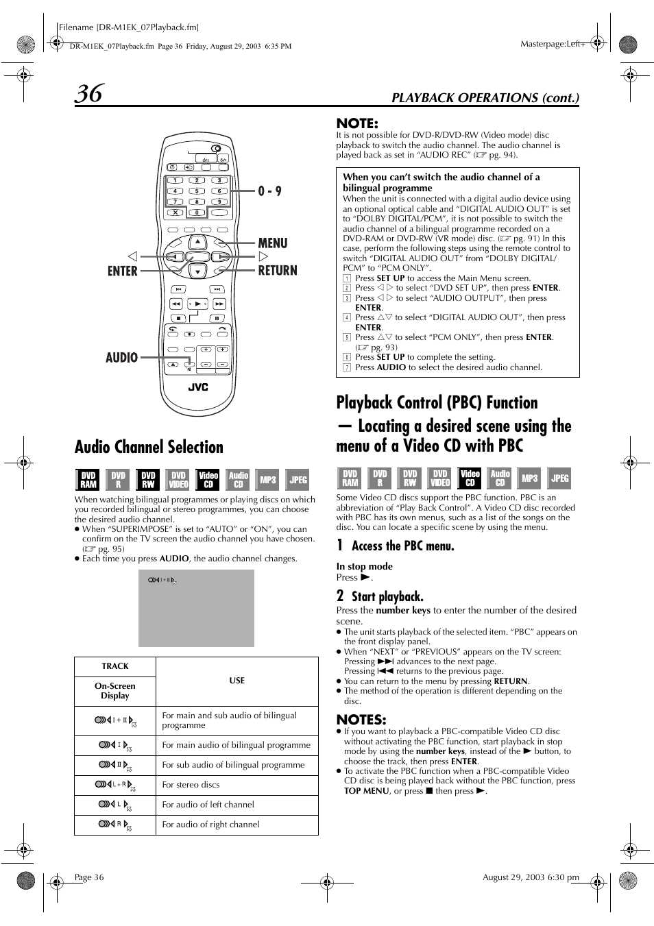 Audio language/sound selection, Audio channel selection, Pg. 35 | Playback operations (cont.), Access the pbc menu, Start playback | JVC LPT0827-001B User Manual | Page 36 / 116