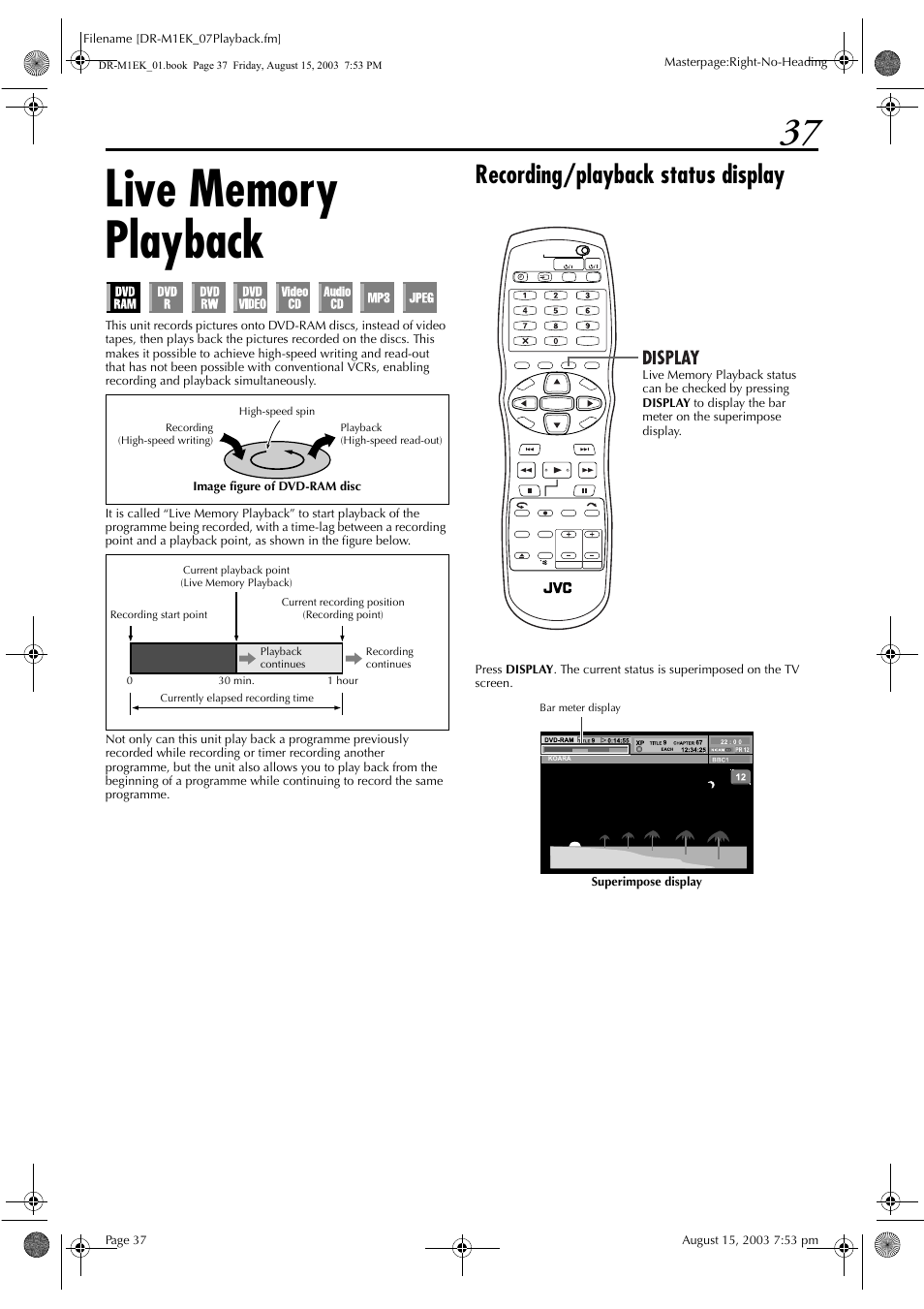 Live memory playback, Recording/playback status display | JVC LPT0827-001B User Manual | Page 37 / 116