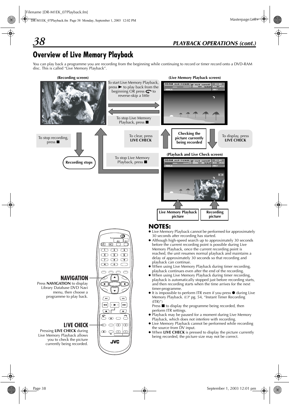 Overview of live memory playback, Playback operations (cont.) | JVC LPT0827-001B User Manual | Page 38 / 116