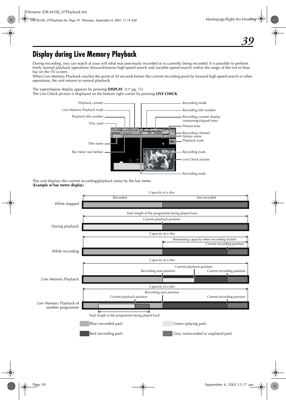 Display during live memory playback | JVC LPT0827-001B User Manual | Page 39 / 116