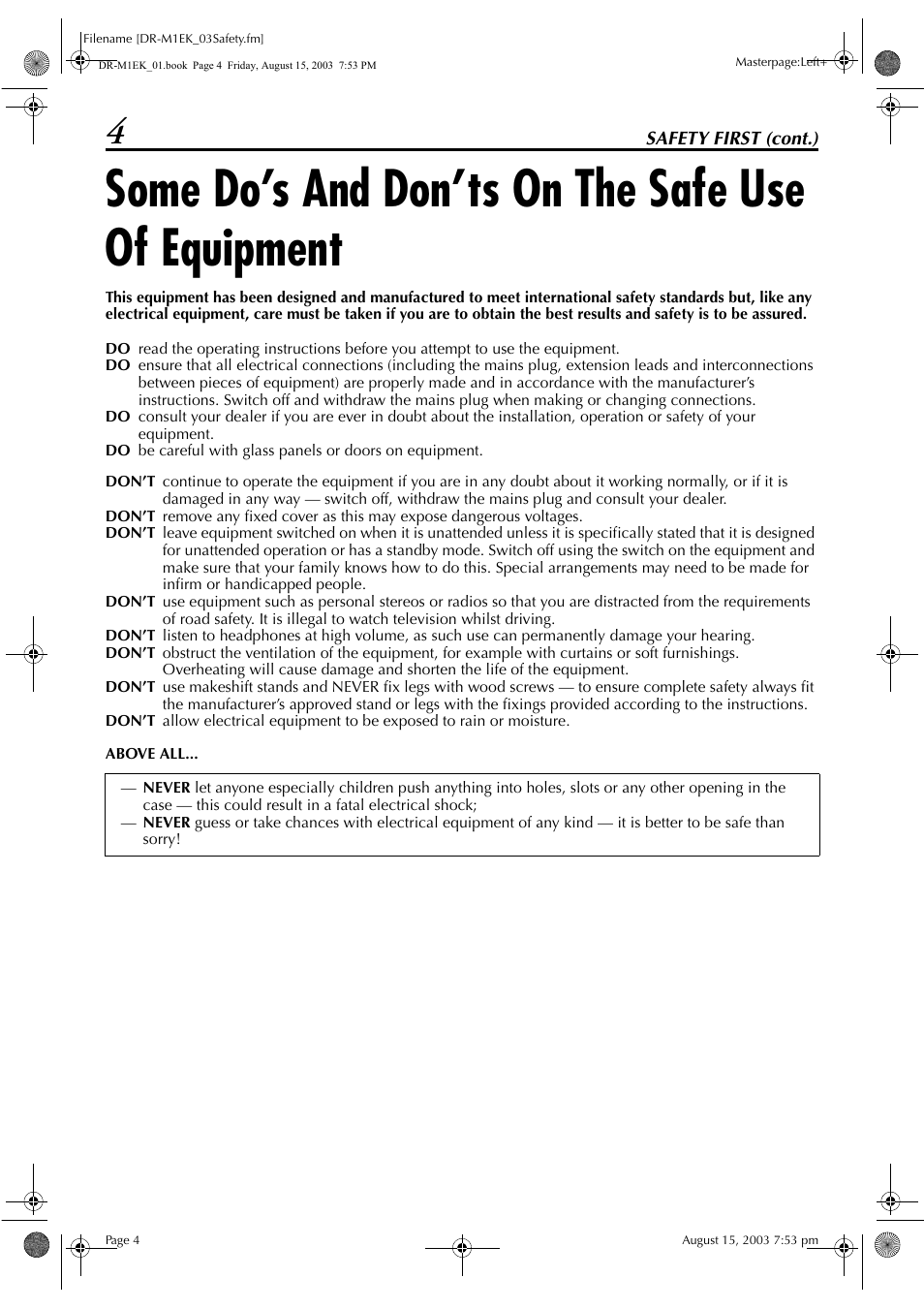 Some do’s and don’ts on the safe use of equipment | JVC LPT0827-001B User Manual | Page 4 / 116
