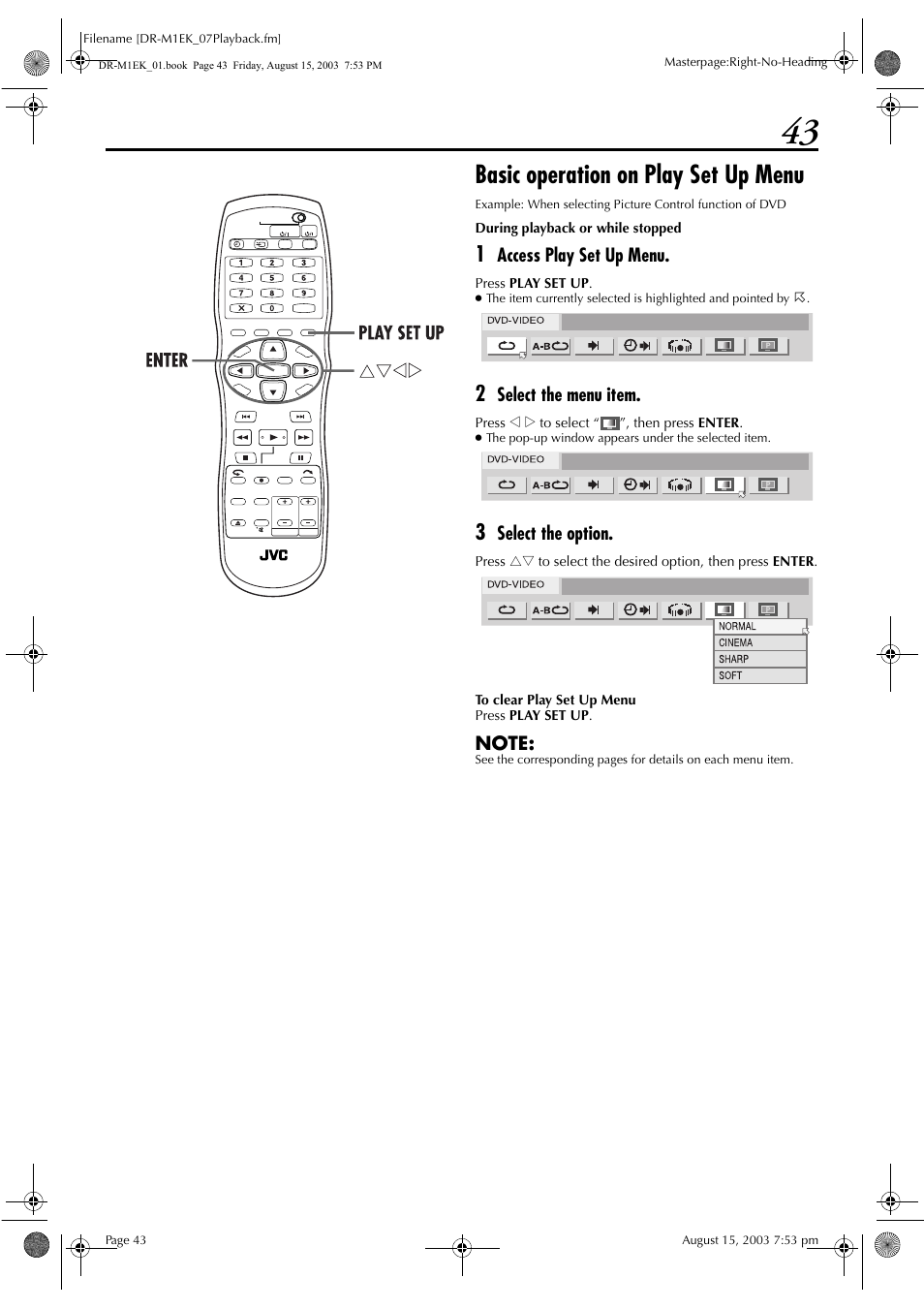 Basic operation on play set up menu | JVC LPT0827-001B User Manual | Page 43 / 116