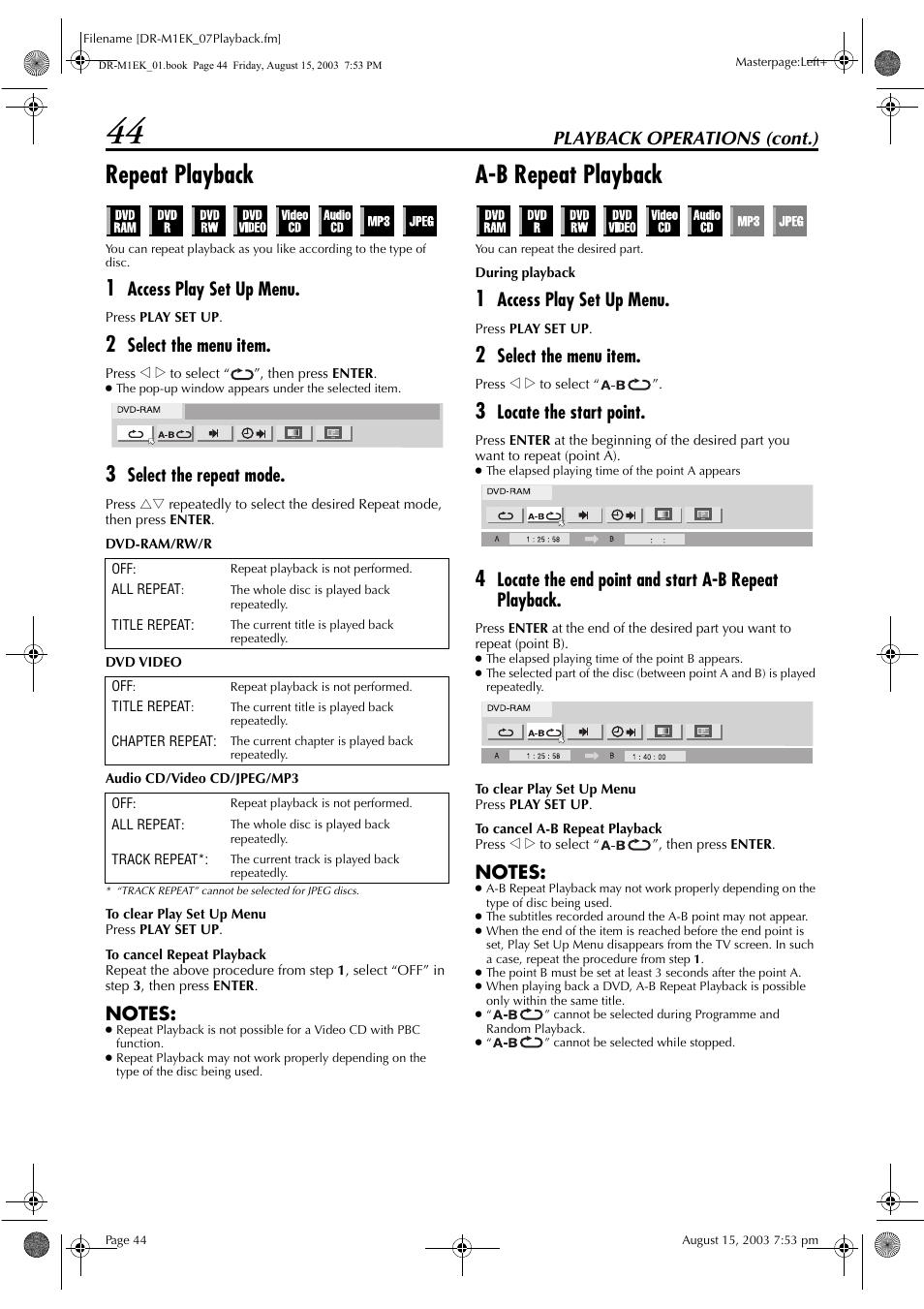 Repeat playback, A-b repeat playback, Pg. 44 | Pg. 44), Playback operations (cont.), Access play set up menu, Select the menu item, Select the repeat mode, Locate the start point, Locate the end point and start a-b repeat playback | JVC LPT0827-001B User Manual | Page 44 / 116