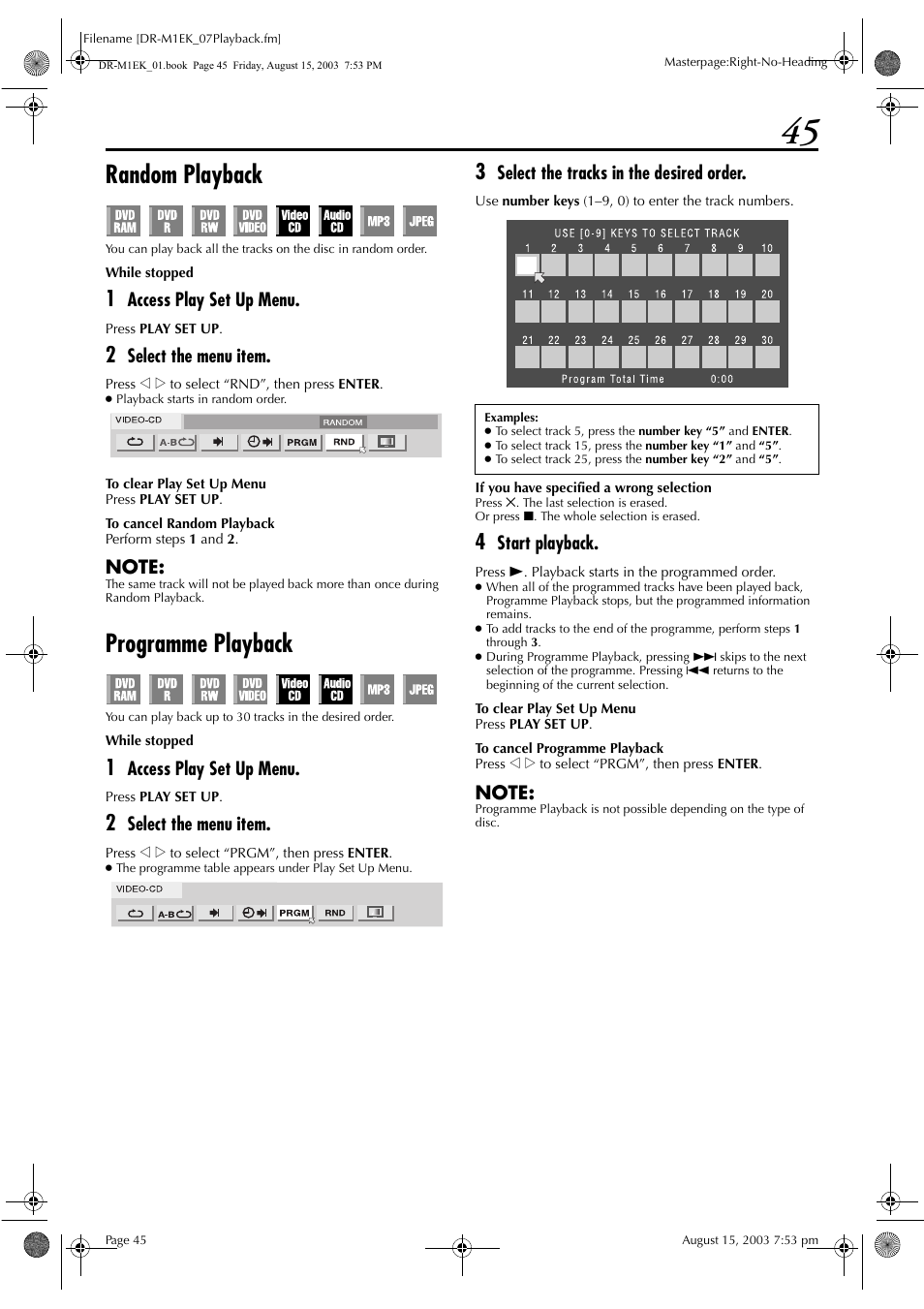 Random playback, Programme playback, Pg. 45 | Pg. 45) | JVC LPT0827-001B User Manual | Page 45 / 116