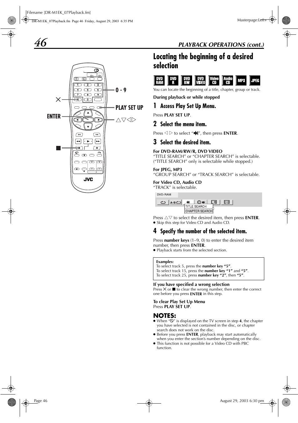 Locating the beginning of a desired selection, Pg. 46), Playback operations (cont.) | Access play set up menu, Select the menu item, Select the desired item, Specify the number of the selected item | JVC LPT0827-001B User Manual | Page 46 / 116
