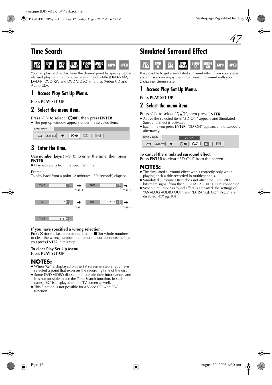 Time search, Simulated surround effect, Pg. 47 | Pg. 47), Access play set up menu, Select the menu item, Enter the time | JVC LPT0827-001B User Manual | Page 47 / 116