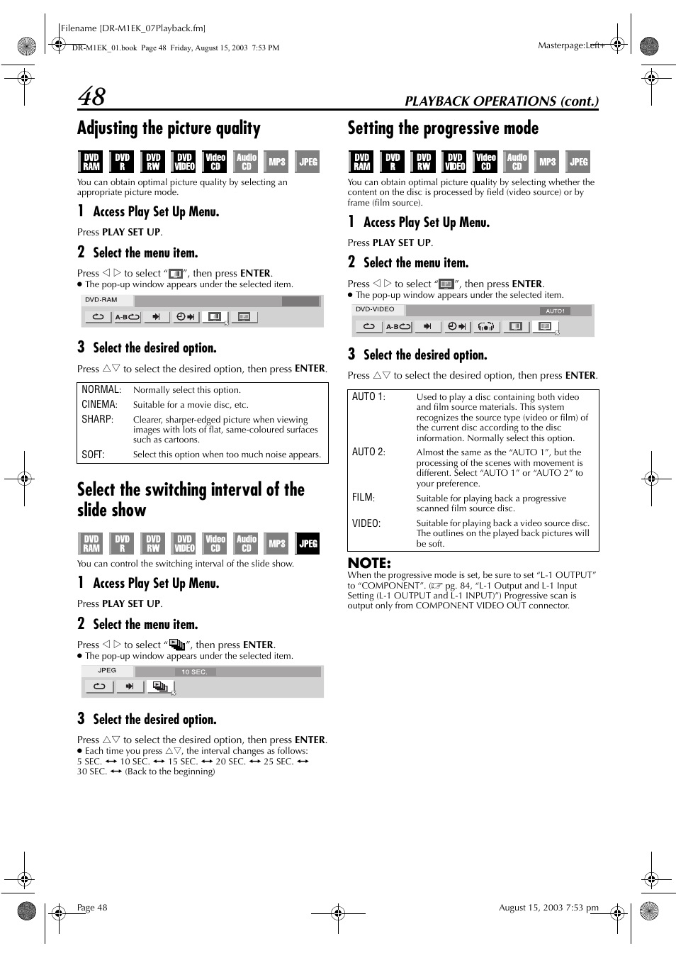 Adjusting the picture quality, Select the switching interval of the slide show, Setting the progressive mode | Pg. 48), Ce type | JVC LPT0827-001B User Manual | Page 48 / 116