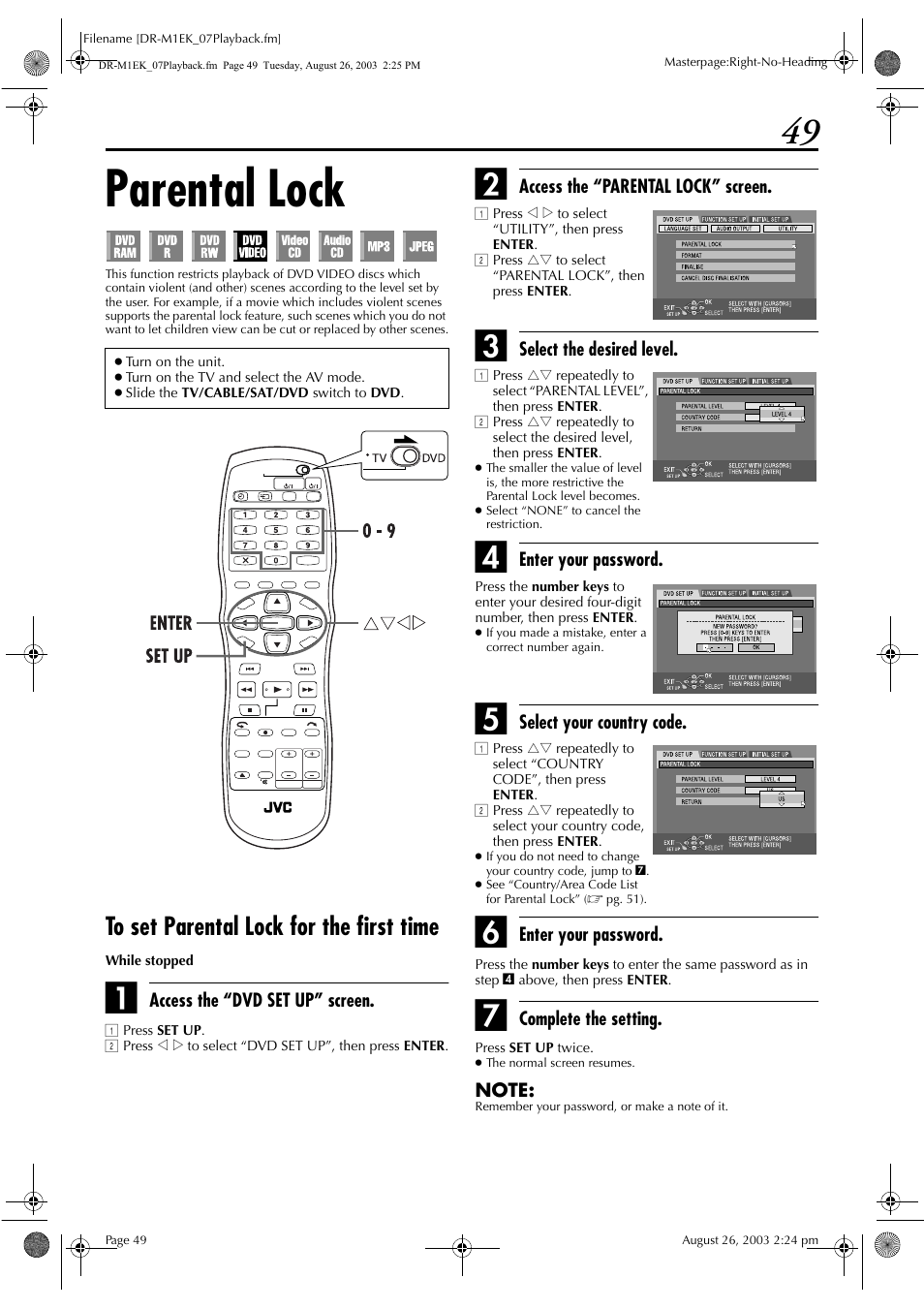 Parental lock, To set parental lock for the first time, To “parental lock | Pg. 49) | JVC LPT0827-001B User Manual | Page 49 / 116