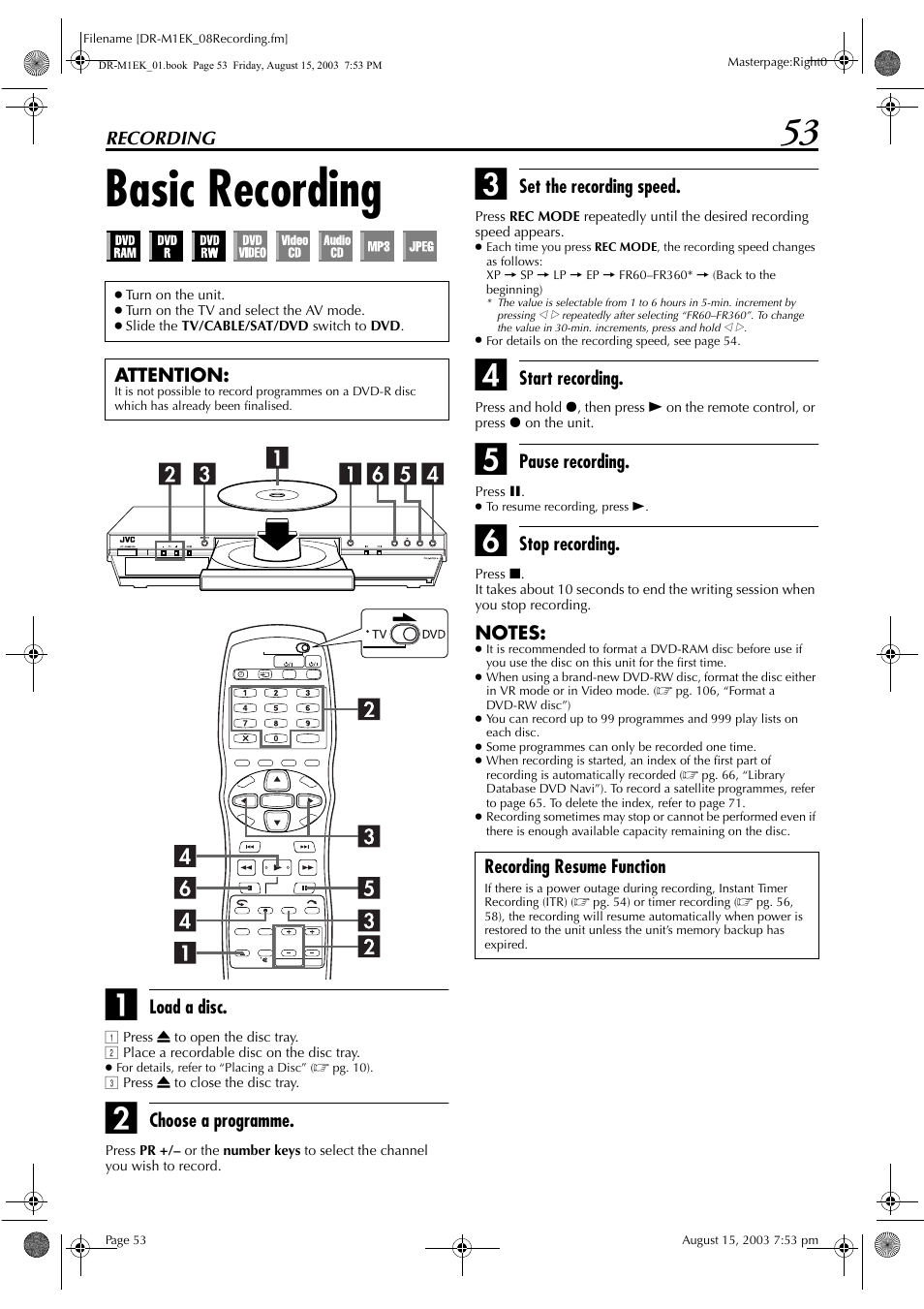 Recording, Basic recording, Recording 53 | Pg. 53 | JVC LPT0827-001B User Manual | Page 53 / 116