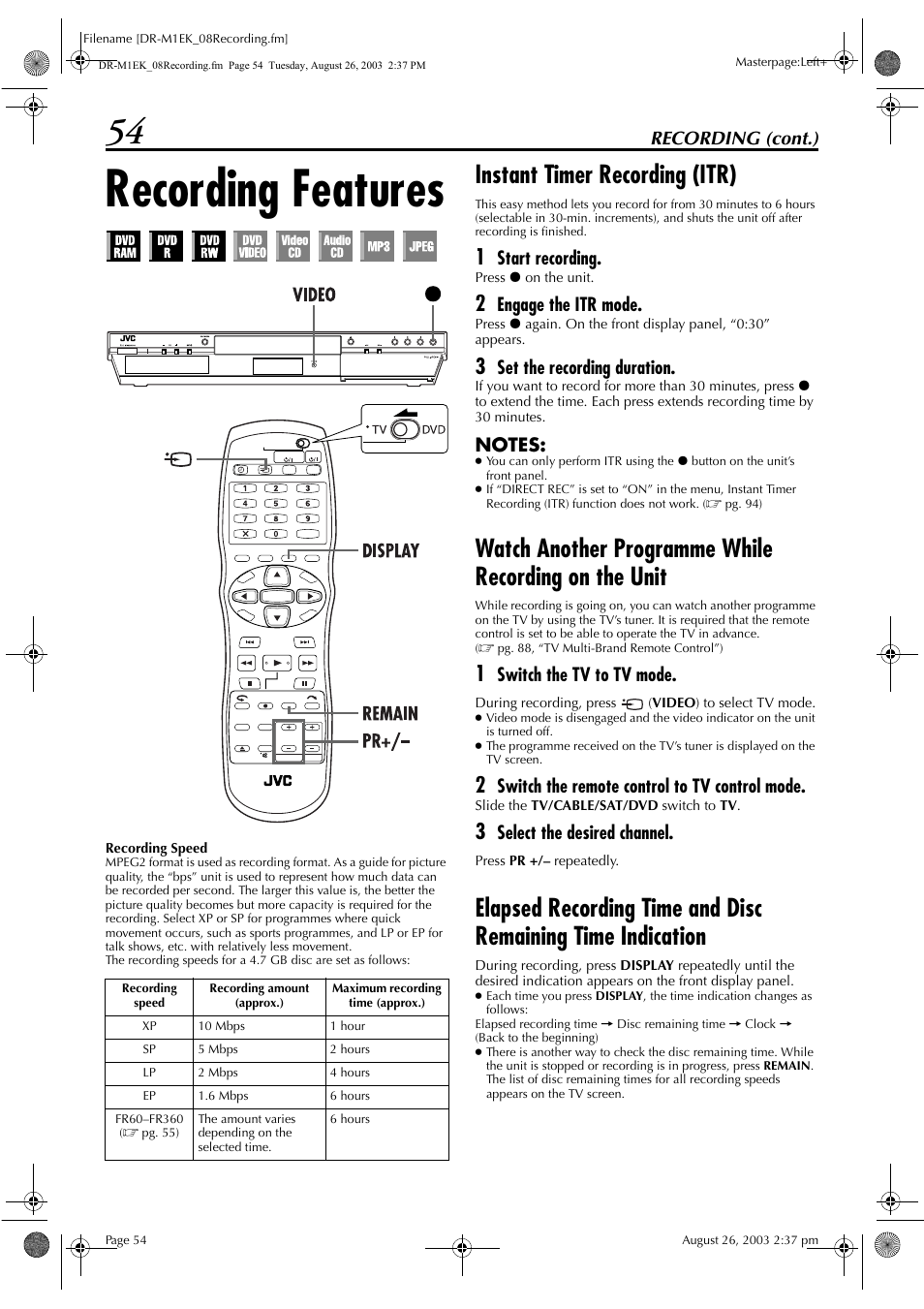 Recording features, Instant timer recording (itr), Pg. 54 | Pg. 54, “instant timer recording, Itr)”), Pg. 54) o, Recording (cont.), Start recording, Engage the itr mode, Set the recording duration | JVC LPT0827-001B User Manual | Page 54 / 116