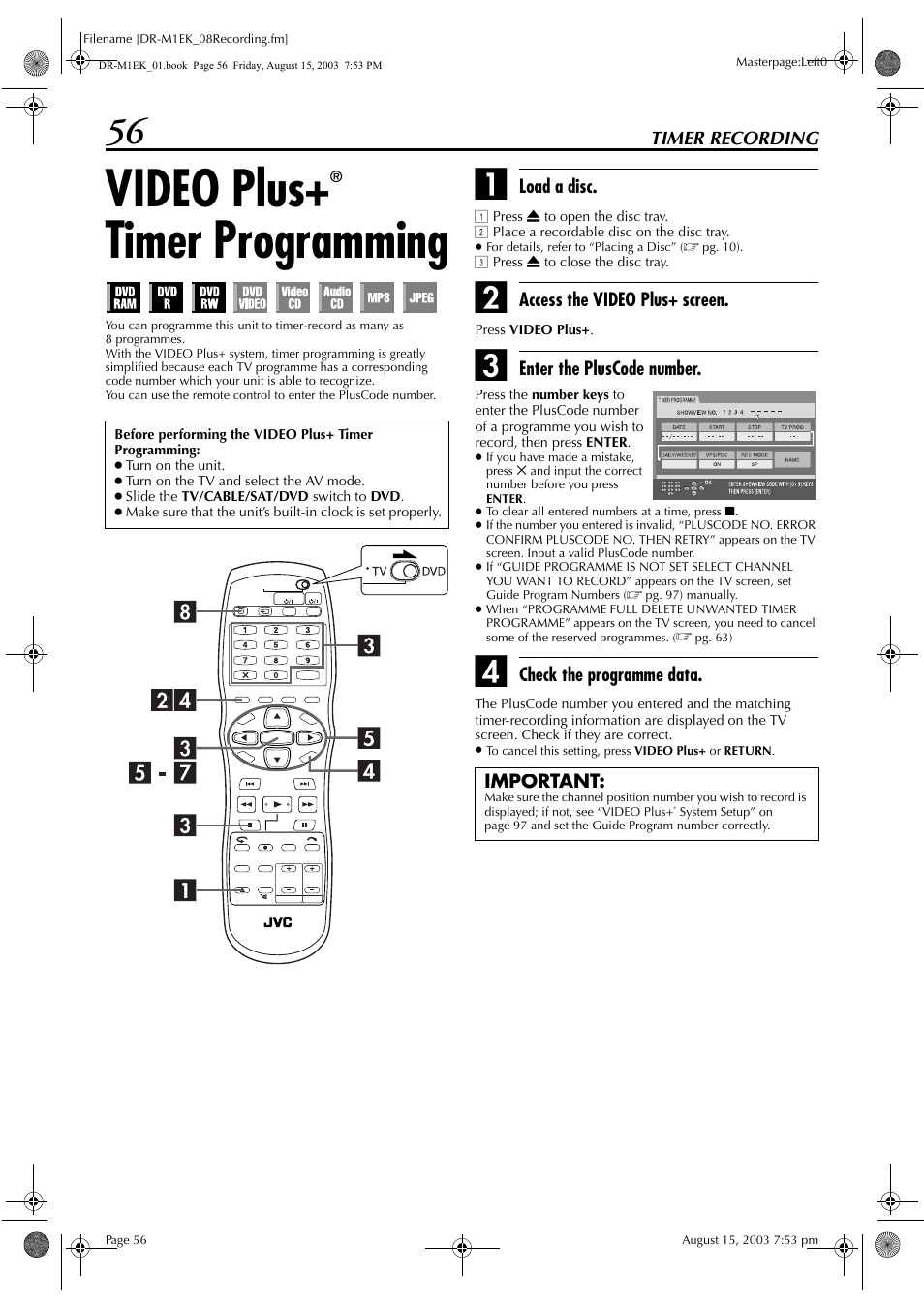Timer recording, Video plus+® timer programming, Video plus | Disc marks all light out, Pg. 56, Mming, Pg. 56), Rform “video plus, Timer programming | JVC LPT0827-001B User Manual | Page 56 / 116