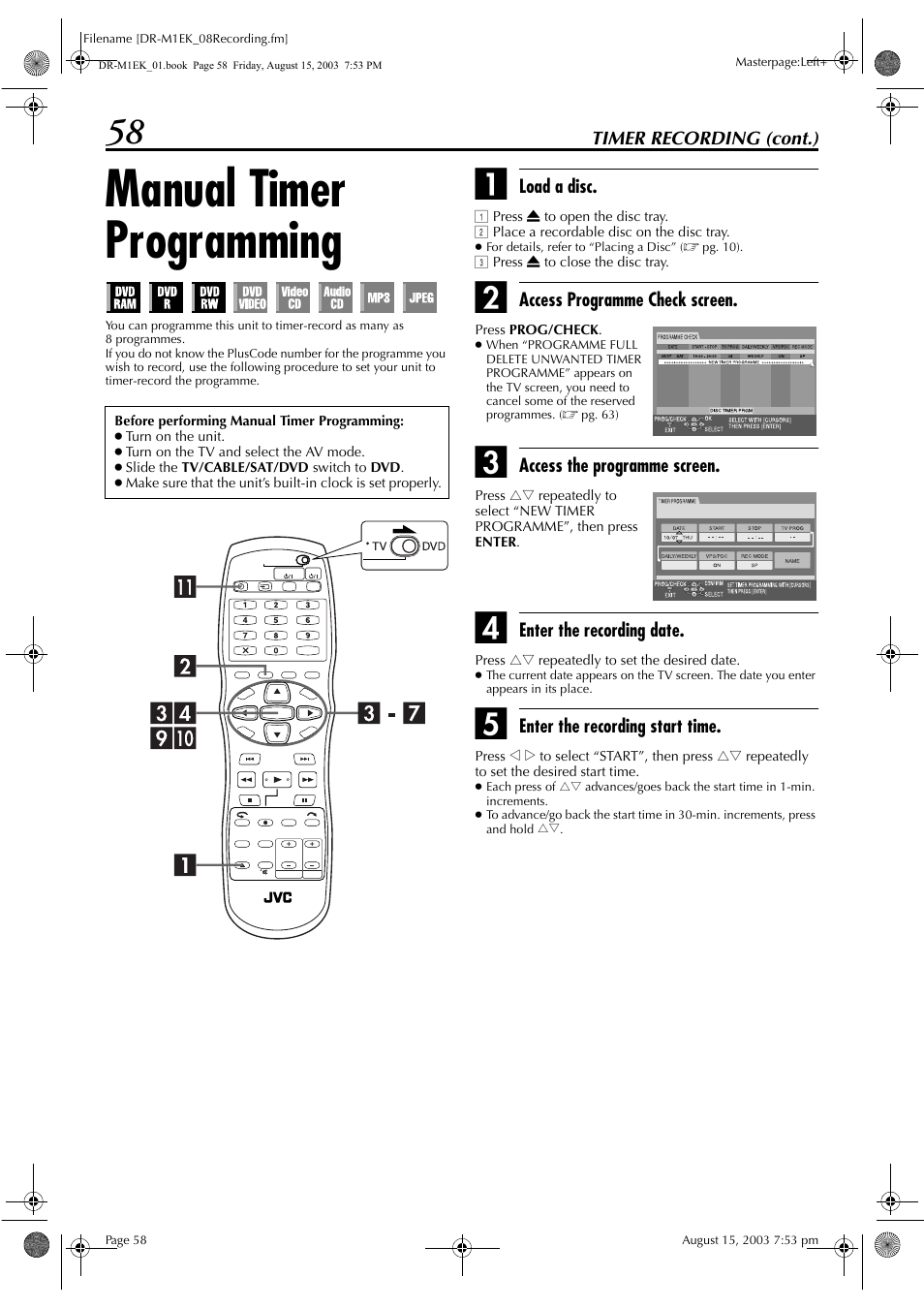 Manual timer programming, Pg. 58), 58), the recording will resume automatical | JVC LPT0827-001B User Manual | Page 58 / 116