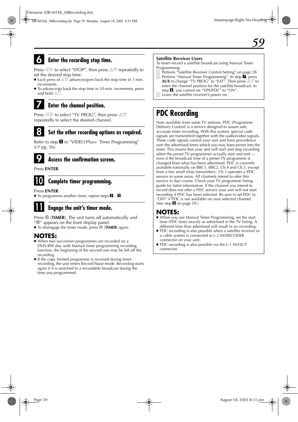 Pdc recording, Vps/pdc, Pg. 59, “pdc | Recording”), “d | JVC LPT0827-001B User Manual | Page 59 / 116
