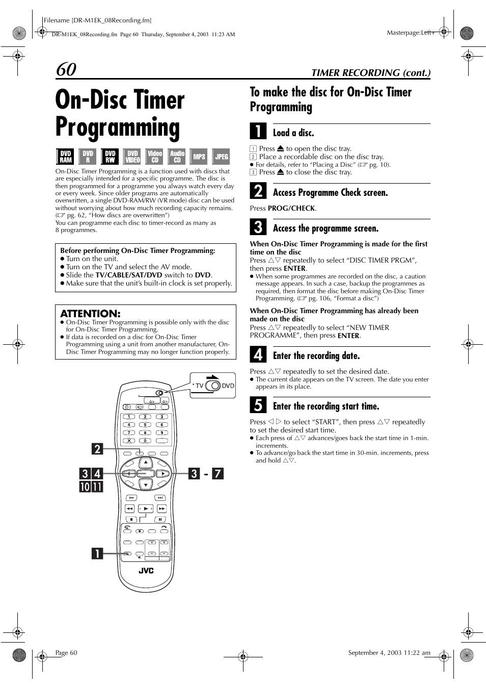 On-disc timer programming, To make the disc for on-disc timer programming | JVC LPT0827-001B User Manual | Page 60 / 116