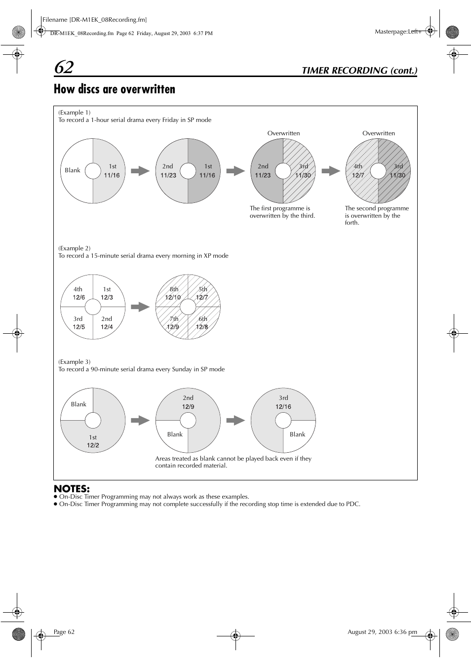 How discs are overwritten, Pg. 62, “how discs are overwritten”), Timer recording (cont.) | JVC LPT0827-001B User Manual | Page 62 / 116