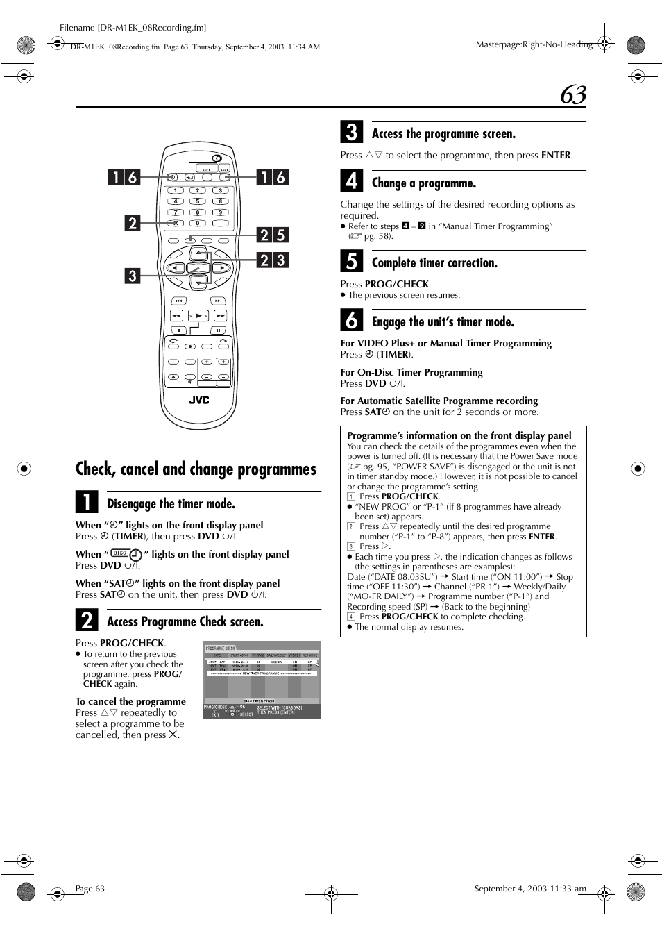 Check, cancel and change programmes, Pg. 63, Mmes | Pg. 63) | JVC LPT0827-001B User Manual | Page 63 / 116