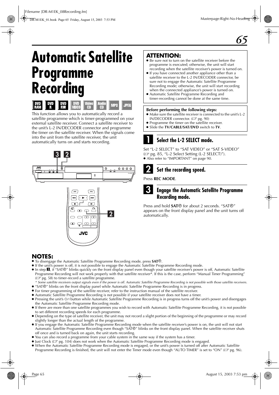 Automatic satellite programme recording, Pg. 65 | JVC LPT0827-001B User Manual | Page 65 / 116