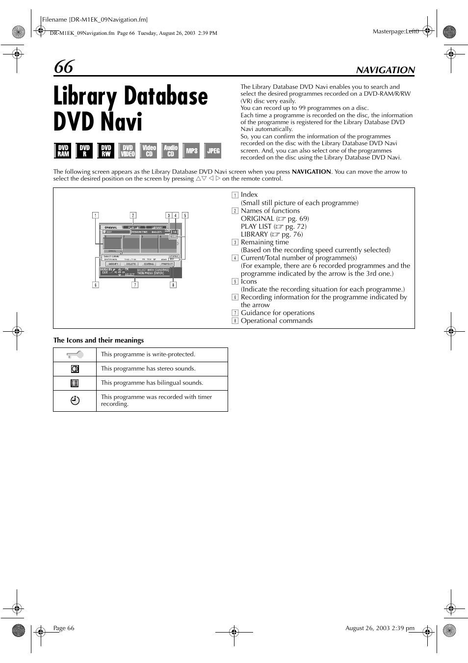 Navigation, Library database dvd navi, Navigation 66 | Pg. 66, Mmes, Pg. 66), Pg. 66, “library, Database dvd navi”). t | JVC LPT0827-001B User Manual | Page 66 / 116