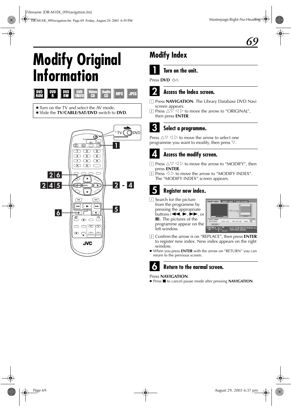 Modify original information, Modify index, Pg. 69) | JVC LPT0827-001B User Manual | Page 69 / 116
